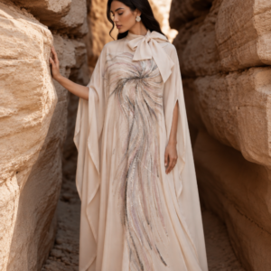 Woman wearing the Mira Kaftan by ROUDAH®