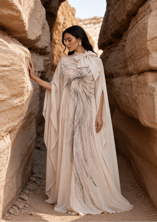 Woman wearing the Mira Kaftan by ROUDAH®